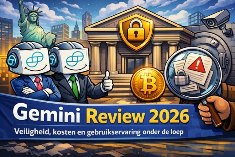 Cartoonillustratie van de Gemini crypto exchange met beveiliging, bitcoin en handelsplatform in een Gemini review 2026 context