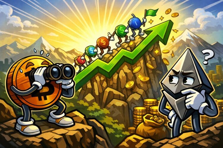 Crypto karikatuur die altseason uitbeeldt met altcoins die Bitcoin outperformen tijdens een altcoin season