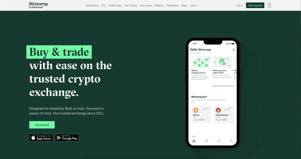 Bitstamp homepage met Buy & trade-functie en mobiele app-weergave voor het kopen en verhandelen van cryptocurrency in 2026
