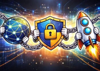 Illustratie van het blockchain trilemma waarbij decentralisatie, veiligheid en schaalbaarheid als drie verbonden pijlers worden afgebeeld die met elkaar in balans moeten worden gebracht