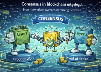 Crypto-karikatuur die laat zien hoe blockchainnetwerken via consensus gezamenlijk overeenstemming bereiken over transacties zonder centrale autoriteit.