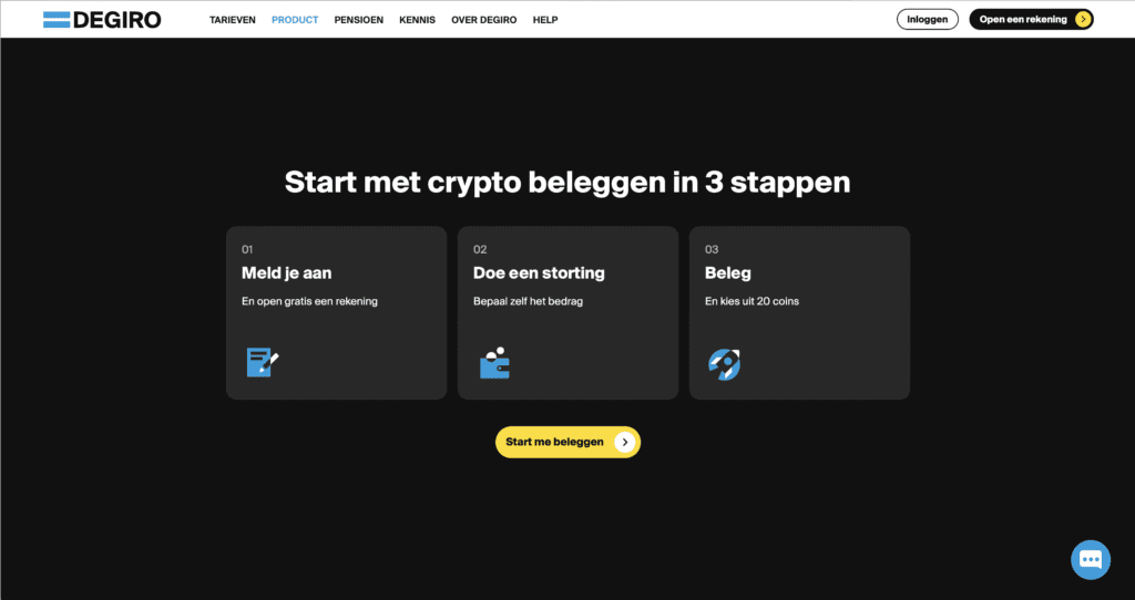 Stappenoverzicht op de DEGIRO-website voor het starten met crypto beleggen