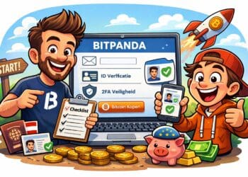 Crypto karikatuur van een gebruiker die stap voor stap een Bitpanda account registreert op een laptop, met bitcoin-, euro- en beveiligingssymbolen