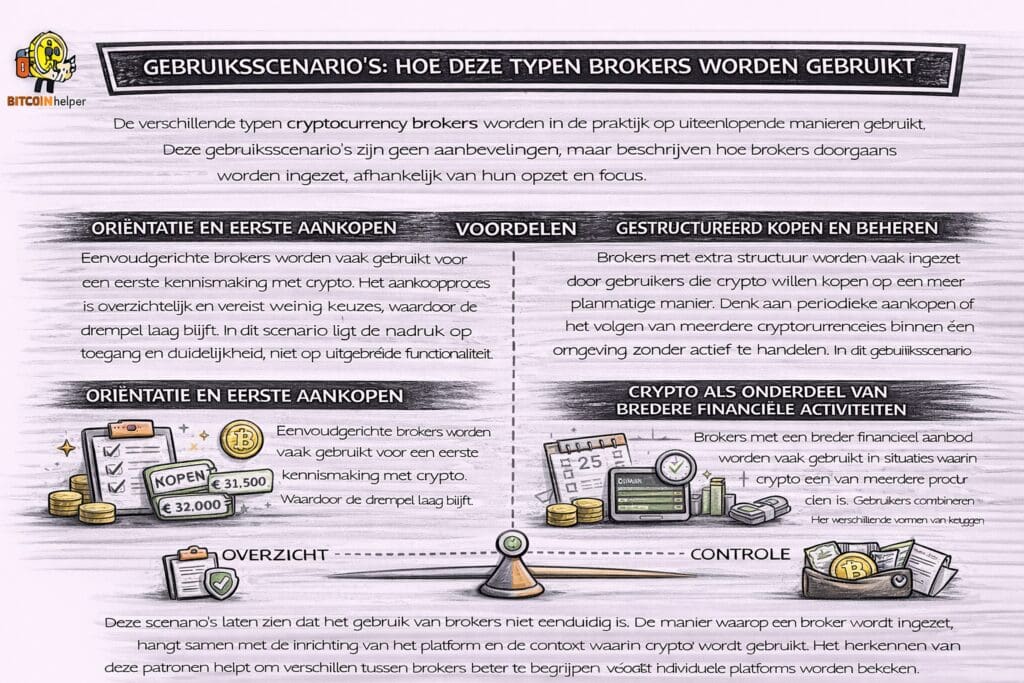 Zwart-witte infographic met het Bitcoinhelper-logo linksboven die verschillende gebruiksscenario’s van crypto brokers beschrijft, waaronder eerste aankopen en oriëntatie, gestructureerd kopen en beheren, en het gebruik van crypto als onderdeel van bredere financiële activiteiten, met nadruk op context en platformopzet in plaats van aanbevelingen.