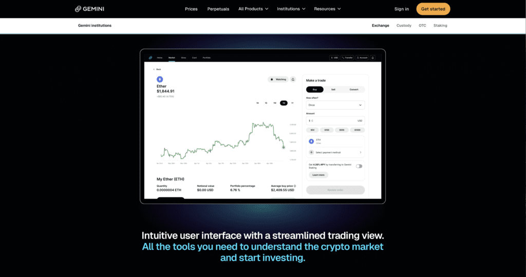 Gemini handelsplatform met Ethereum koersgrafiek, orderformulier en portfolio-overzicht in Gemini review 2026