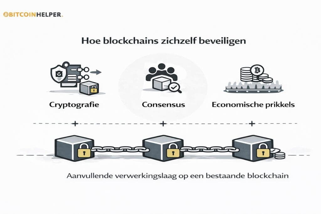 Zwart-witte landscape infographic van Bitcoinhelper die laat zien hoe blockchains zichzelf beveiligen, met drie kernmechanismen: cryptografie, consensus en economische prikkels, visueel weergegeven met iconen en een keten van beveiligde blokken die de onderlinge samenhang benadrukt.