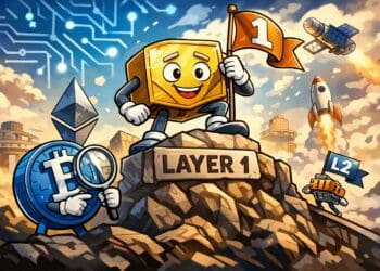 Karikatuurillustratie van een Layer 1 blockchain als fundament van het netwerk, met Bitcoin en andere blockchain-elementen die de basislaag van blockchaintechnologie symboliseren