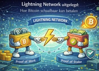 Crypto-karikatuur die laat zien hoe het Lightning Network snelle en goedkope Bitcoin-betalingen mogelijk maakt via off-chain betalingskanalen bovenop de Bitcoin-blockchain.