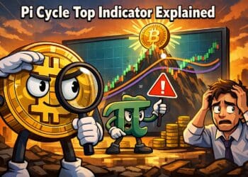 Karikatuurillustratie van de Pi Cycle Top Indicator die een mogelijke Bitcoin marktcyclus en prijstop visualiseert