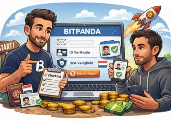 Crypto karikatuur van een gebruiker die stap voor stap een Bitpanda account registreert op een laptop, met bitcoin-, euro- en beveiligingssymbolen