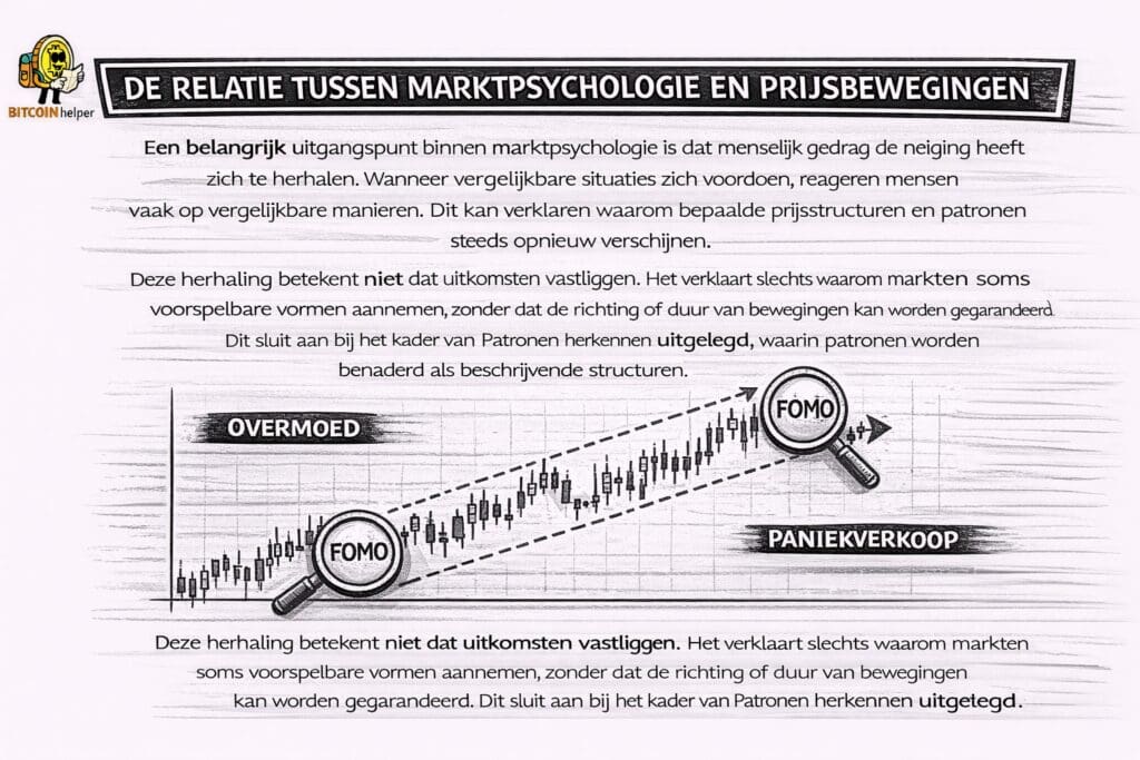 Zwart-witte infographic met het Bitcoinhelper-logo linksboven die de relatie tussen marktpsychologie en prijsbewegingen uitlegt, waarbij wordt getoond hoe herhalend menselijk gedrag leidt tot terugkerende prijsstructuren en patronen, zonder dat uitkomsten of richtingen kunnen worden gegarandeerd.