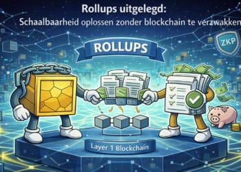 Crypto-karikatuur die laat zien hoe rollups transacties bundelen buiten de blockchain en deze veilig afwikkelen op Layer 1 voor schaalbaarheid zonder verlies van veiligheid.