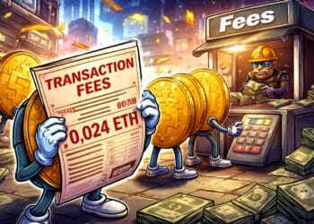 Karikatuur van blockchain transactiekosten waarbij crypto munten hoge fees betalen om een transactie te laten verwerken