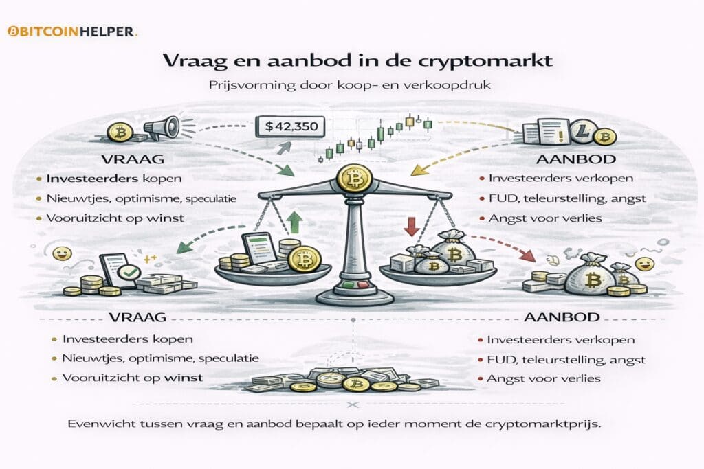 Zwart-witte landscape infographic van Bitcoinhelper die uitlegt hoe vraag en aanbod de prijs in de cryptomarkt bepalen, met een weegschaal die koopdruk en verkoopdruk toont, factoren zoals sentiment en speculatie, en een visuele weergave van prijsbewegingen door veranderingen in marktgedrag.