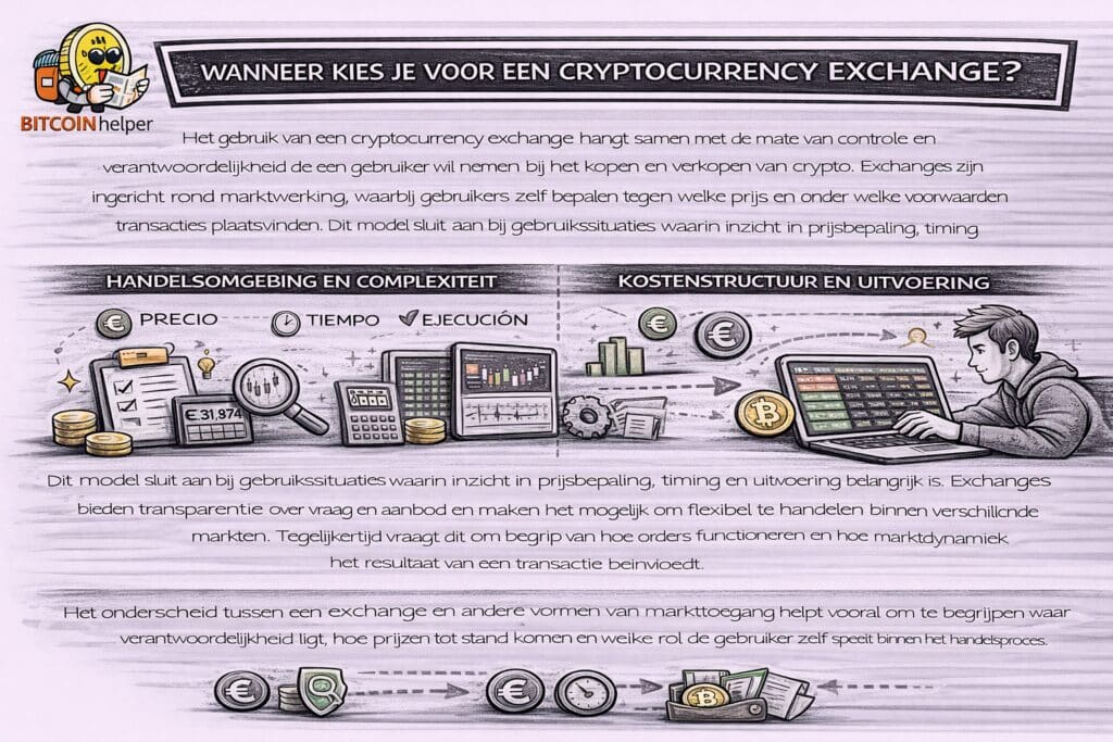 gebruik van een cryptocurrency exchange passend is, met focus op eigen controle over prijs, timing en uitvoering, transparantie van vraag en aanbod, en de verantwoordelijkheid van de gebruiker binnen een marktgedreven handelsomgeving.
