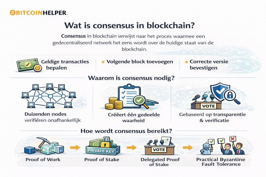 Infographic die uitlegt wat consensus in blockchain is, hoe een gedecentraliseerd netwerk overeenstemming bereikt over geldige transacties en nieuwe blocks, en waarom dit zorgt voor één gedeelde waarheid zonder centrale autoriteit.