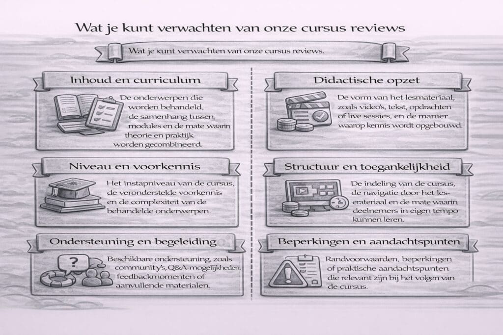 Zwart-witte landscape infographic die laat zien welke vaste beoordelingscriteria worden gebruikt in cryptocurrency cursus reviews, zoals inhoud en curriculum, didactische opzet, niveau, structuur, ondersteuning en aandachtspunten.