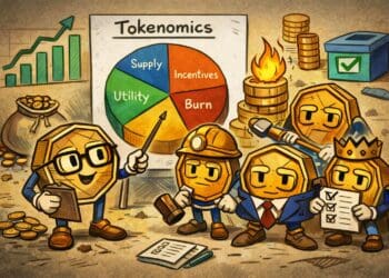 Crypto karikatuur illustratie van tokenomics met tokens, supply verdeling en incentives schema in cartoonstijl