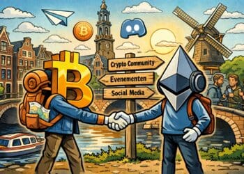 Illustratie van de crypto community in Nederland met Bitcoin en Ethereum karakters die elkaar ontmoeten in een Nederlandse stad, met verwijzingen naar social media, communities en crypto evenementen