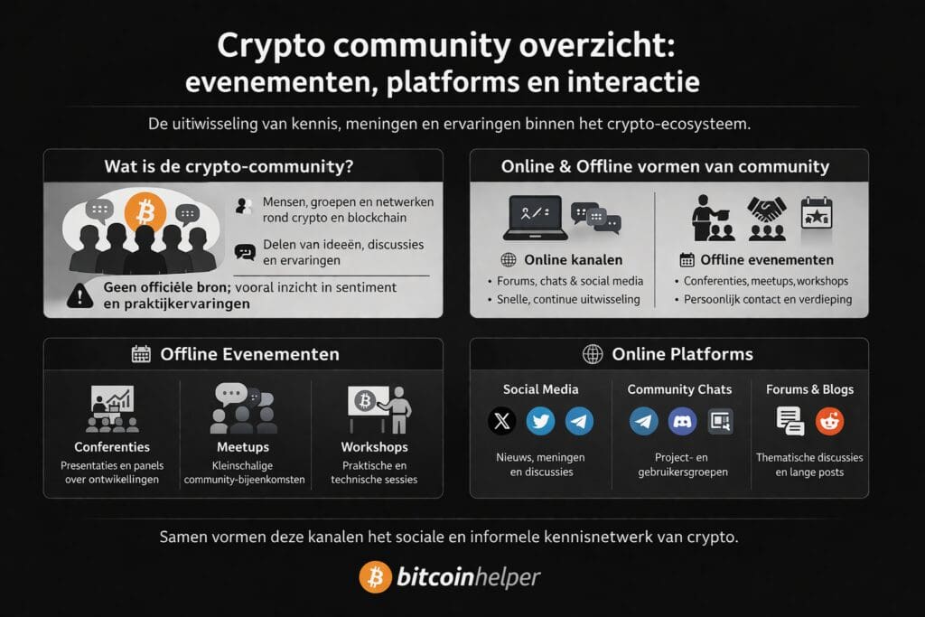 Zwart-witte landscape infographic van Bitcoinhelper die een overzicht geeft van de crypto-community, met een visuele scheiding tussen online platforms en offline evenementen, en laat zien hoe interactie, kennisdeling en discussies plaatsvinden binnen het bredere crypto-ecosysteem.