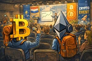 Illustratie van een crypto evenement in Nederland met Bitcoin en Ethereum karakters in een conferentiezaal waar een spreker een presentatie geeft over de markt en trends