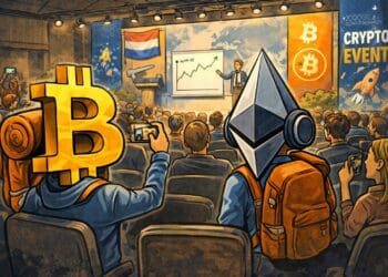 Illustratie van een crypto evenement in Nederland met Bitcoin en Ethereum karakters in een conferentiezaal waar een spreker een presentatie geeft over de markt en trends