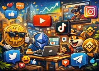 Illustratie van populaire cryptocurrencies zoals Bitcoin en Ethereum die actief zijn op social media platforms zoals YouTube, TikTok en Telegram, met grafieken en interacties in een futuristische stijl.