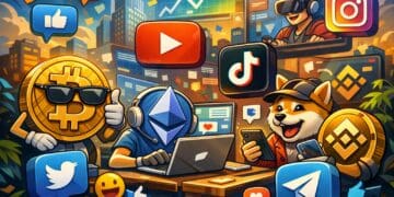 Illustratie van populaire cryptocurrencies zoals Bitcoin en Ethereum die actief zijn op social media platforms zoals YouTube, TikTok en Telegram, met grafieken en interacties in een futuristische stijl.