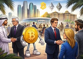 Illustratie van Digital Assets Forum Abu Dhabi met bitcoin en institutionele investeerders die samenwerken in een zakelijke setting