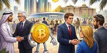 Illustratie van Digital Assets Forum Abu Dhabi met bitcoin en institutionele investeerders die samenwerken in een zakelijke setting