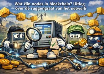 Illustratie van blockchain nodes die transacties verifiëren en gegevens delen binnen een gedecentraliseerd netwerk