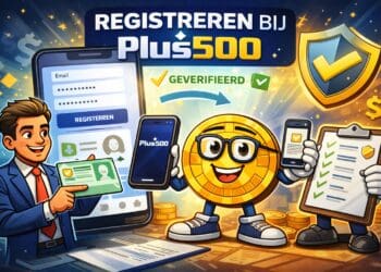 Cartoon illustratie in crypto-stijl die laat zien hoe registreren bij Plus500 werkt met een registratieformulier, verificatie en een Bitcoin-karakter.