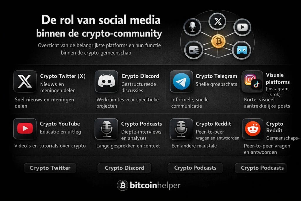 Zwart-witte landscape infographic van Bitcoinhelper die de rol van social media binnen de crypto-community toont, met een overzicht van platforms zoals Crypto Twitter, Discord, Telegram, YouTube, Reddit en podcasts, en hun functie in nieuws, discussies, educatie en community-interactie zonder centrale bron.