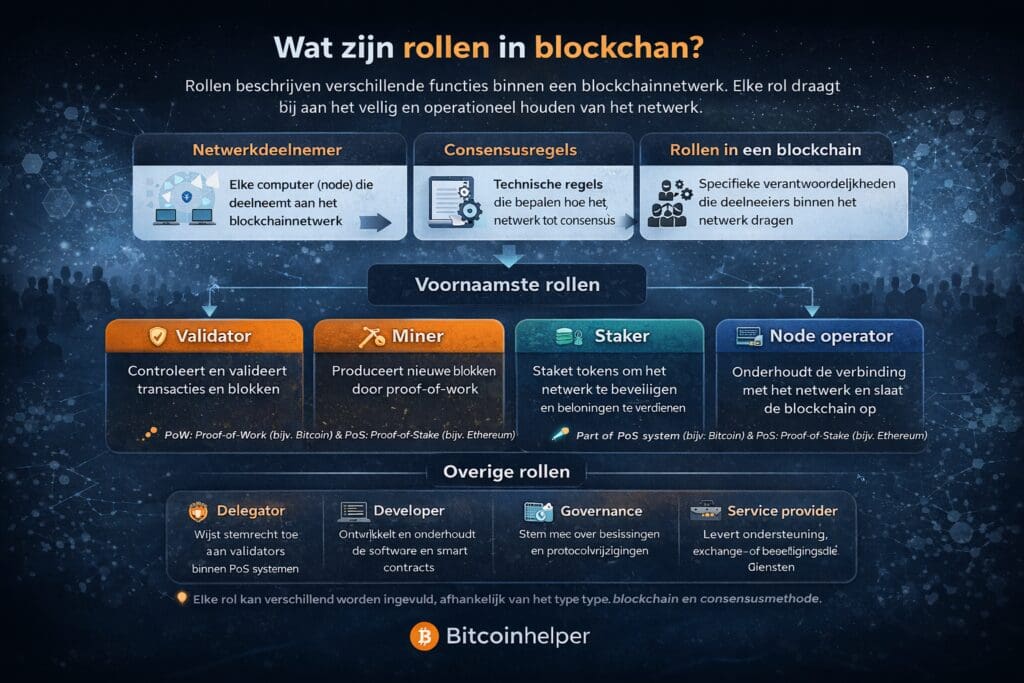 Zwart-witte landscape infographic van Bitcoinhelper die uitlegt wat rollen in blockchain zijn, met een visuele weergave van verschillende typen deelnemers zoals nodes, validators en block producers, en hoe zij samenwerken om transacties te controleren, data op te slaan en het netwerk zonder centrale partij te laten functioneren.