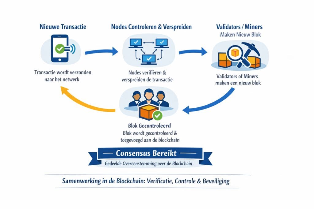 Zwart-witte landscape infographic van Bitcoinhelper die laat zien hoe rollen in blockchain samenwerken: een transactie wordt aangemaakt en verspreid, nodes controleren deze, validators of miners produceren een block en het netwerk bereikt consensus, waardoor transacties gezamenlijk worden bevestigd zonder centrale partij.