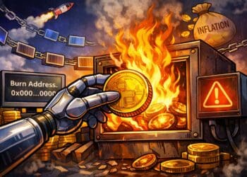 Crypto karikatuur illustratie van token burn waarbij tokens worden verbrand en de totale token supply van een blockchain afneemt