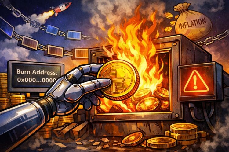 Crypto karikatuur illustratie van token burn waarbij tokens worden verbrand en de totale token supply van een blockchain afneemt