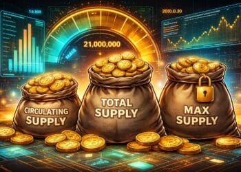 Crypto karikatuur illustratie van token supply met circulating supply, total supply en max supply in blockchain economie