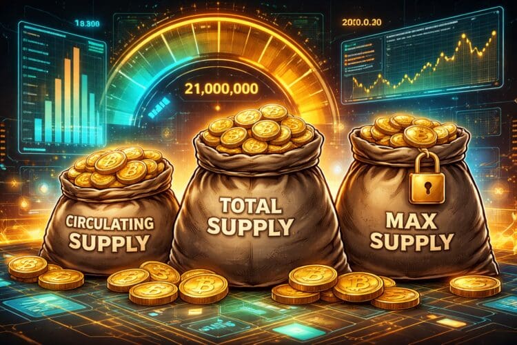Crypto karikatuur illustratie van token supply met circulating supply, total supply en max supply in blockchain economie