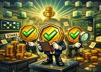 Illustratie van validators in een Proof of Stake blockchain die transacties controleren en blokken valideren met staking rewards