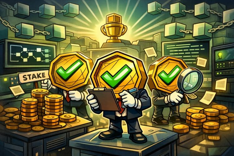 Illustratie van validators in een Proof of Stake blockchain die transacties controleren en blokken valideren met staking rewards