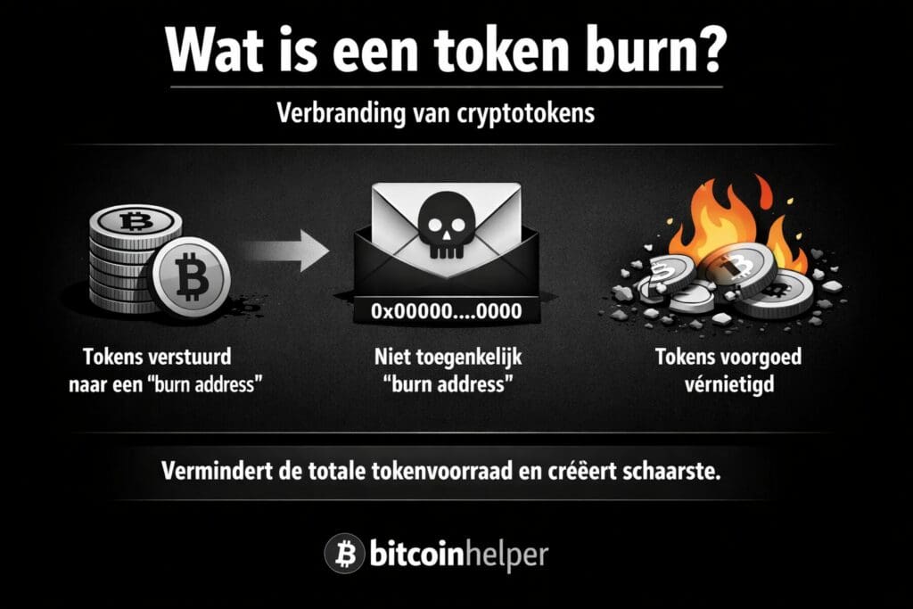 Zwart-witte landscape infographic van Bitcoinhelper die laat zien wat een token burn is: tokens worden naar een burn address zonder private key gestuurd en verdwijnen permanent uit de circulerende supply, waardoor de beschikbare tokenvoorraad afneemt en schaarste kan ontstaan.