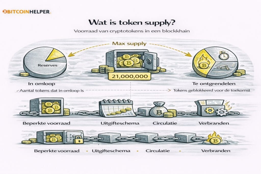 Zwart-witte landscape infographic van Bitcoinhelper die uitlegt wat token supply is, met iconen voor maximale voorraad, tokens in omloop, uitgifteschema en token burning, en laat zien hoe de totale voorraad van een cryptotoken wordt beheerd binnen een blockchainprotocol.