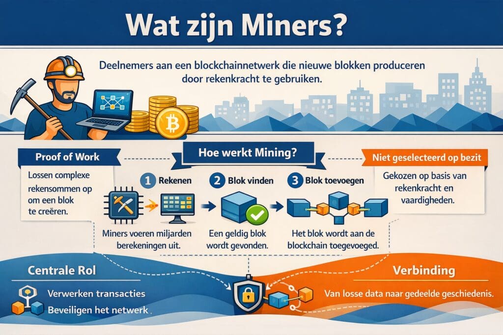 Zwart-witte landscape infographic van Bitcoinhelper die uitlegt wat miners zijn in blockchain, met een visuele flow van Proof of Work: miners gebruiken rekenkracht om cryptografische puzzels op te lossen, produceren nieuwe blokken en voegen deze toe aan de blockchain, waarmee zij transacties verwerken en het netwerk beveiligen.