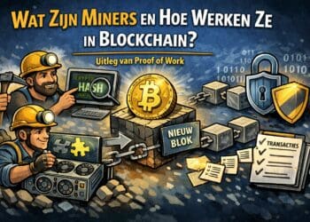 llustratie van miners die met rekenkracht cryptografische puzzels oplossen, een nieuw blok toevoegen aan de blockchain en transacties verwerken binnen Proof of Work.