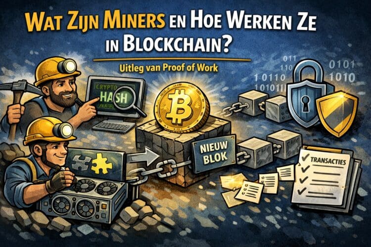 llustratie van miners die met rekenkracht cryptografische puzzels oplossen, een nieuw blok toevoegen aan de blockchain en transacties verwerken binnen Proof of Work.