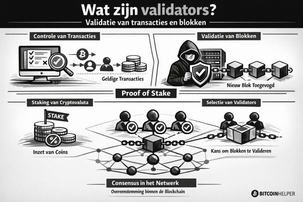 Zwart-witte landscape infographic van Bitcoinhelper die uitlegt wat validators zijn in blockchain, met een visuele weergave van nodes die transacties controleren, nieuwe blokken valideren en via staking deelnemen aan het Proof of Stake-consensusproces om overeenstemming binnen het netwerk te bereiken.