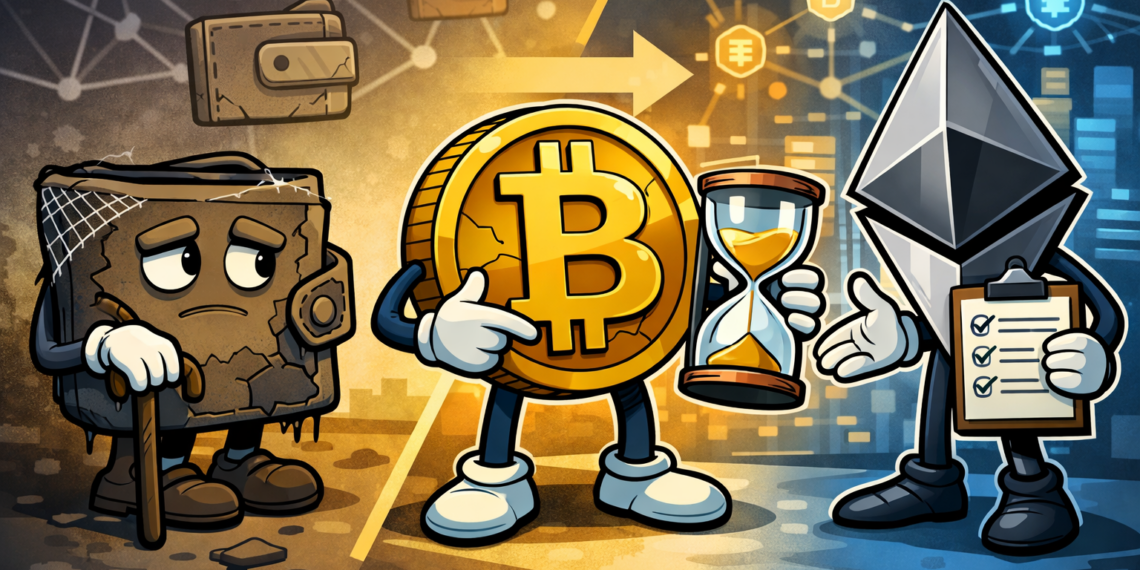 illustratie van drie cryptofiguren: een verouderde, beschadigde wallet links, een Bitcoin-karakter met zandloper in het midden en een Ethereum-figuur met checklist rechts, die samen de migratie naar nieuwe cryptografische standaarden en de impact van BIP-361 op Bitcoin-eigendom uitbeelden.