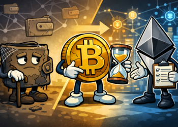 illustratie van drie cryptofiguren: een verouderde, beschadigde wallet links, een Bitcoin-karakter met zandloper in het midden en een Ethereum-figuur met checklist rechts, die samen de migratie naar nieuwe cryptografische standaarden en de impact van BIP-361 op Bitcoin-eigendom uitbeelden.