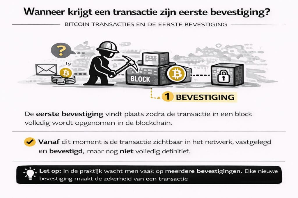 Landscape infographic van Bitcoinhelper die uitlegt wanneer een Bitcoin-transactie zijn eerste bevestiging krijgt, met visuele weergave van een transactie die wordt opgenomen in een block door miners en toegevoegd aan de blockchain, inclusief uitleg dat één bevestiging nog niet volledig definitief is en dat meerdere bevestigingen de zekerheid vergroten.
